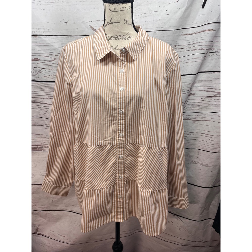 Denim & Co Womens XL Tan White Striped Tiered Ruffle Button Down Shirt Tunic